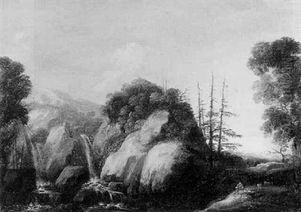 A Mountainous Landscape With A Shepherd Playing The Flute By A Waterfall Oil Painting by Joos de Momper the Younger