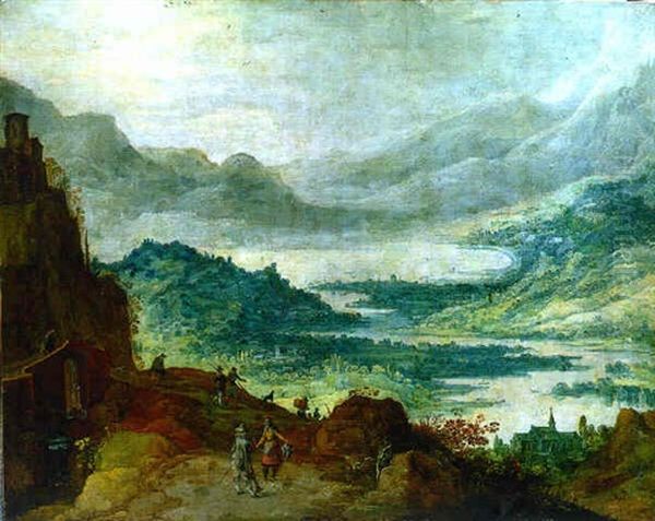 An Extensive Mountainous Landscape With Huntsmen And Travellers On A Path Overlooking A River Valley Oil Painting by Joos de Momper the Younger