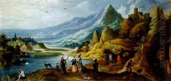 An Extensive River Landscape With An Elegant Couple, Said To Be The King And Queen Of Bohemia Oil Painting by Joos de Momper the Younger