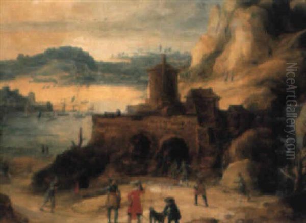 A Rocky Landscape With Soldiers By A Coastal Fort Overlooking A Port Oil Painting by Joos de Momper the Younger