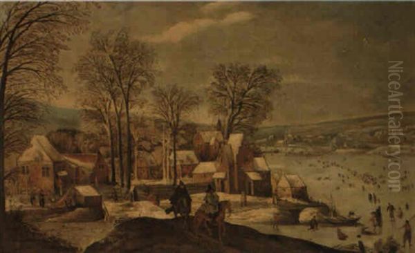 Winter Landscape With Figures Skating Oil Painting by Joos de Momper the Younger