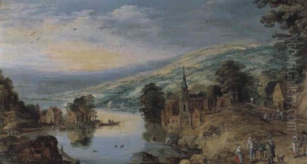 Paysage Fluvial Et Montagneux, Village Et Paysans Oil Painting by Joos de Momper the Younger