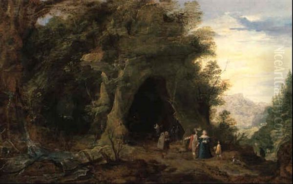 Gebirgslandschaft Mit Andacht In Einer Felsgrotte Oil Painting by Joos de Momper the Younger