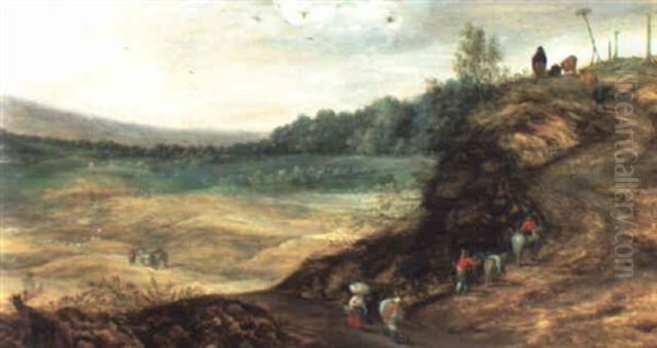 An Extensive Wooded Landscape With Peasants On A Track Climbing A Bluff Oil Painting by Joos de Momper the Younger