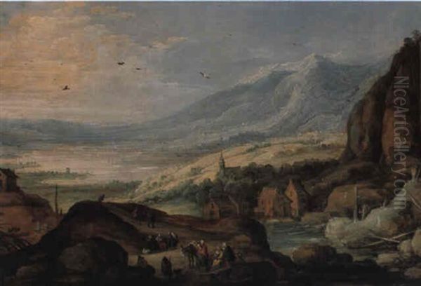 An Extensive Alpine Landscape With A Watermill, A Lake Beyond Oil Painting by Joos de Momper the Younger