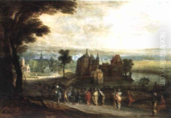 Die Bekehrung Des Paulus, Im Mittelgrund Ein Wasserschloss Oil Painting by Joos de Momper the Younger