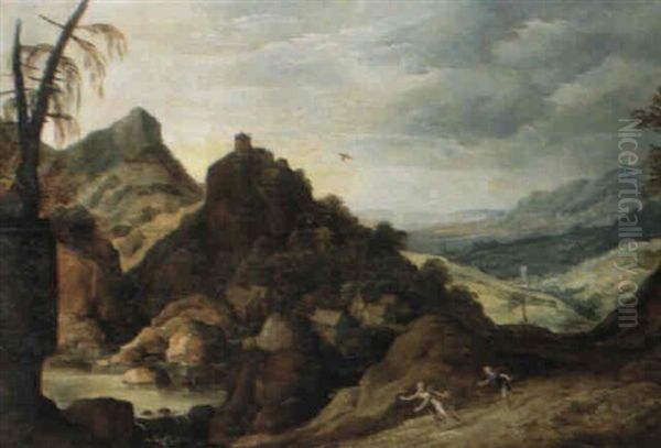 Felslandschaft Mit Burg Und Wassermuhlen Oil Painting by Joos de Momper the Younger