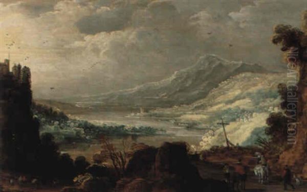 Paysage De Montagne Avec Chateau Au Bord D'un Fleuve by Joos de Momper the Younger