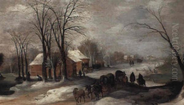 A Winter Landscape With Travellers On A Village Path Oil Painting by Joos de Momper the Younger