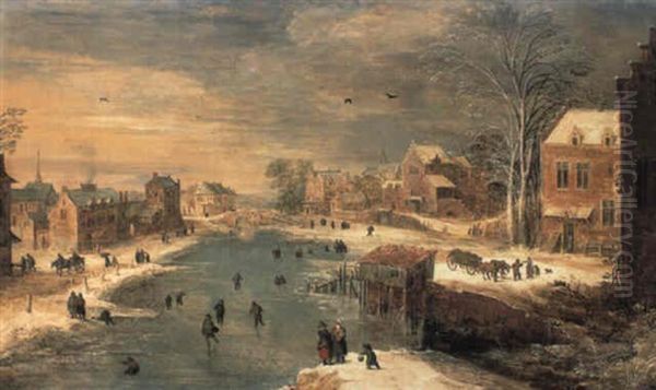 A Winter Landscape With Villagers Skating On A Frozen Waterway Oil Painting by Joos de Momper the Younger