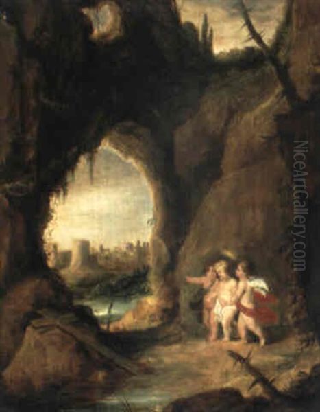 Jesus Als Kind Mit Zwei Engeln In Einer Grotte Oil Painting by Joos de Momper the Younger