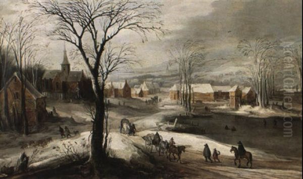 Paysage De Neige Au Lac Gele Pres D'un Village Oil Painting by Joos de Momper the Younger