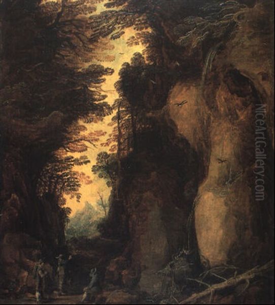 Paysage Alpin Avec Trois Voyageurs Devant Une Cascade Oil Painting by Joos de Momper the Younger