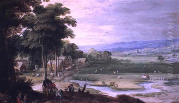 Paysage De Prairie Et Ruisseau Pres D'un Village Oil Painting by Joos de Momper the Younger