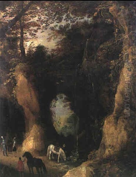 Cavaliers Faisant Boire Leurs Chevaux Dans Un Paysage De    Rochers Oil Painting by Joos de Momper the Younger