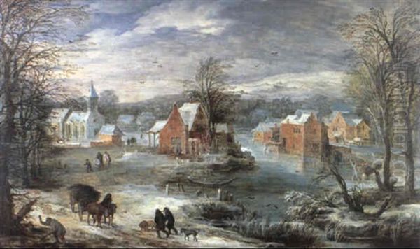 A Village Landscape In Winter With A Woodchopper And Figures On A Road Beside A River In The Foreground Oil Painting by Joos de Momper the Younger