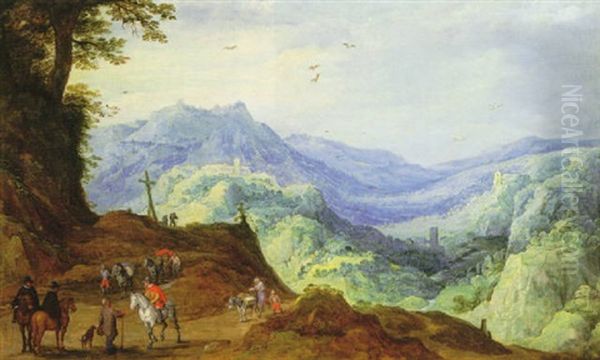 Travellers On A Path In An Extensive Mountainous Landscape Oil Painting by Joos de Momper the Younger