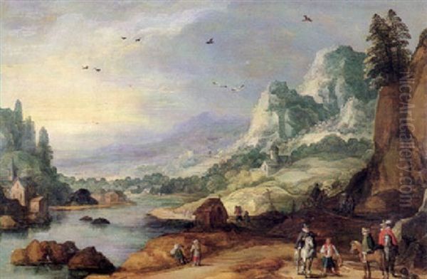 An Extensive Hilly River Landscape With Travellers On A     Road Oil Painting by Joos de Momper the Younger