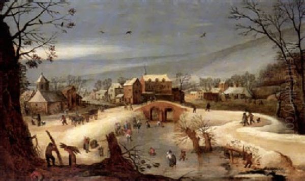 A Winter Landscape With Woodcutters Working At The Base Of A Tree Overlooking A Frozen River Which Figures Cross... Oil Painting by Joos de Momper the Younger