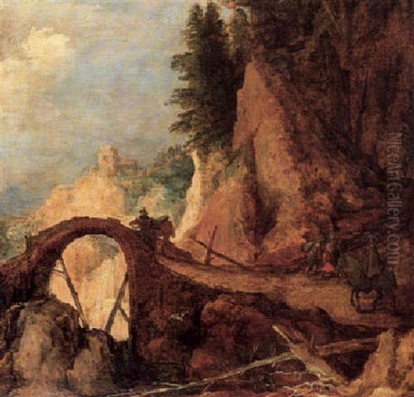 An Extensive Rocky Landscape With Two Riders Crossing A     Bridge Over A Ravine Oil Painting by Joos de Momper the Younger