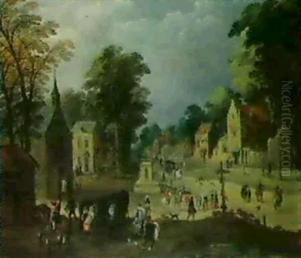 A Village Scene With A Horse-drawn Waggon And Many          Figures Oil Painting by Joos de Momper the Younger