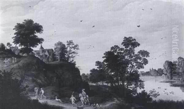 A River Landscape With Travellers On A Road Oil Painting by Joos de Momper the Younger