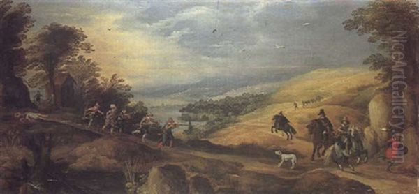 An Extensive Hilly Landscape With Bandits Attacking Travellers Oil Painting by Joos de Momper the Younger