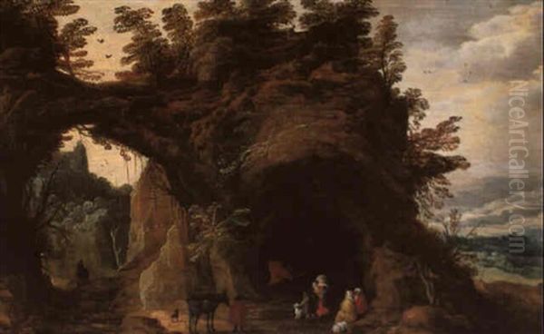 Extensive Rocky Landscape With Figures Resting By A Grotto Oil Painting by Joos de Momper the Younger