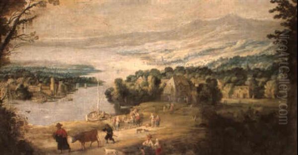 Extensive River Landscape With Figures On A Road And A View Of A Town Oil Painting by Joos de Momper the Younger