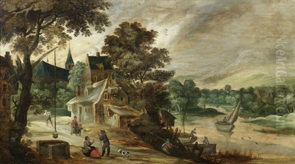 Figures In A River Landscape Before A Village Oil Painting by Philips de Momper the Younger