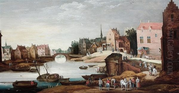 Paysans Le Long D'une Riviere En Bordure De Village Oil Painting by Philips de Momper the Younger