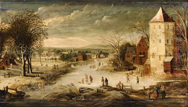 A Village Scene In Winter With Skaters Oil Painting by Philips de Momper the Younger