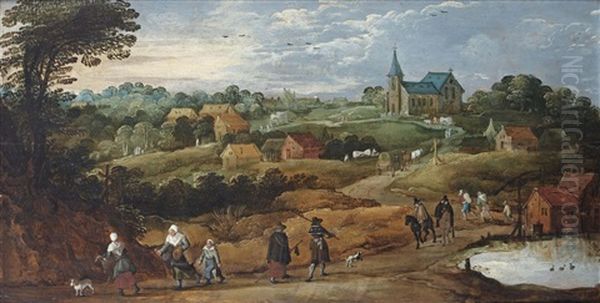 A Summer Landscape With Figures On A Sandy Path, A Village Beyond Oil Painting by Philips de Momper the Younger