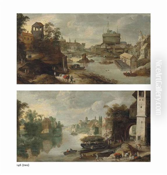 A View Of The Castel Sant'angelo, Rome From The Tiber And An Italianate River Landscape With A Tower And The Ruins Of A Bridge (2 Works) Oil Painting by Philips de Momper the Younger