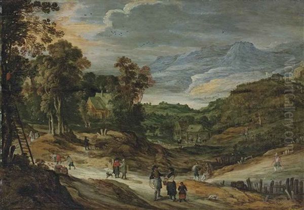 A Wooded Landscape With Cottages, Figures Picking Apples, Mountains Beyond Oil Painting by Philips de Momper the Younger