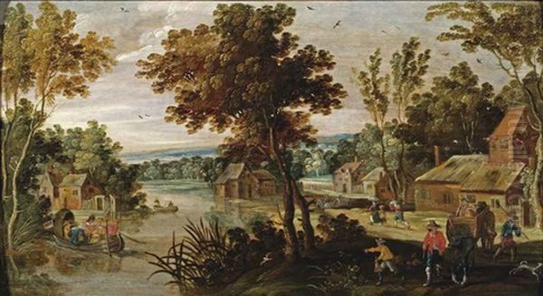 A Wooded River Landscape With Figures In A Village, An Elegant Company In A Rowing Boat On The Water Oil Painting by Philips de Momper the Younger