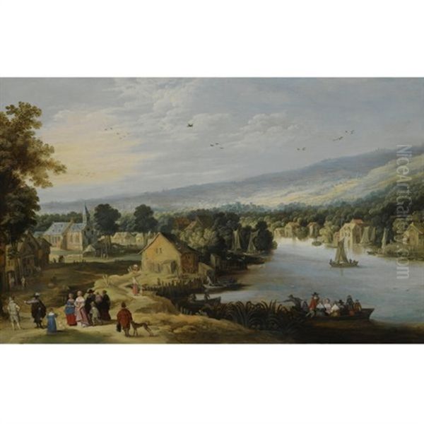 An Extensive Landscape With A Village Near A River, With An Elegant Family On A Path In The Foreground, A Ferryboat And Small Sailing Vessels In The Water, A Church Beyond Oil Painting by Philips de Momper the Younger