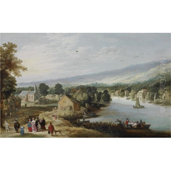 An Extensive Landscape With A Village Near A River, With An Elegant Family On A Path In The Foreground, A Ferryboat And Small Sailing Vessels In The Water, A Church Beyond Oil Painting by Philips de Momper the Younger