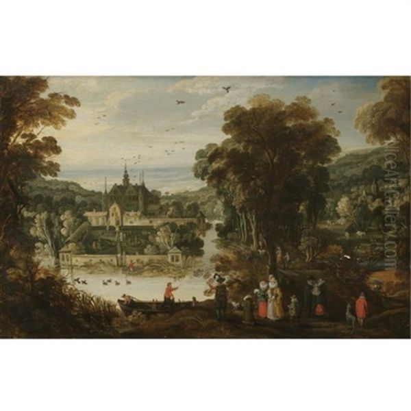 A Landscape With A Moated Palace, And Figures Awaiting The Ferry On The Near Side Oil Painting by Philips de Momper the Younger