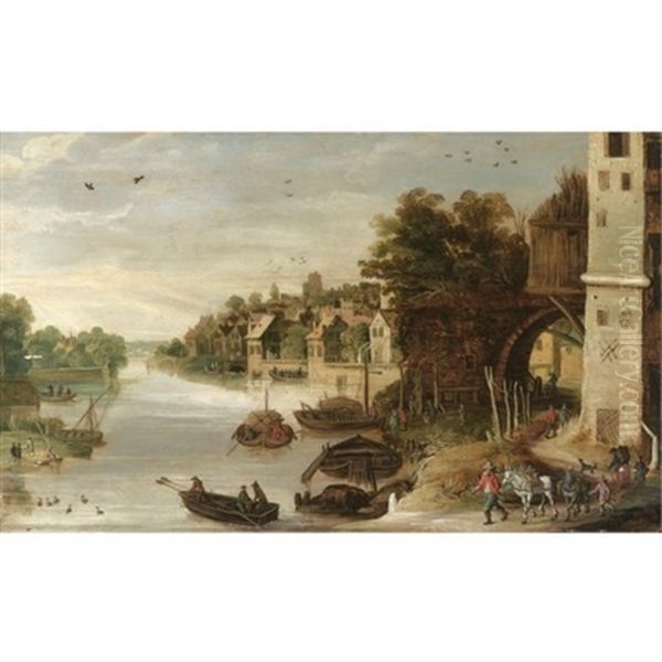 A Village Scene By A River, Said To Be A View Of Treviso Oil Painting by Philips de Momper the Younger