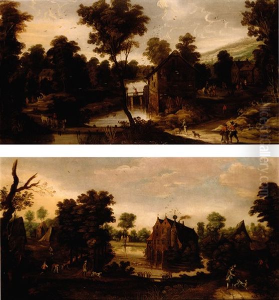 A Wooded Landscape With Figures On A Path And A Moated Castle Beyond Oil Painting by Philips de Momper the Younger