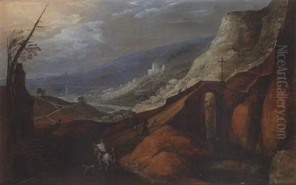 Paysage Montagneux Anime De Villageois Et Cavalier Oil Painting by Philips de Momper the Younger