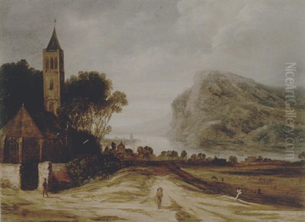 An Extensive River Landscape With A Church, Cattle Grazing And A Traveller On A Track Oil Painting by Philips de Momper the Younger