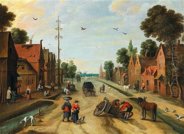 A Village Road With An Overturned Horse-drawn Cart (frans De Momper And Circle Of Sebastiaan Vrancx) Oil Painting by Frans de Momper