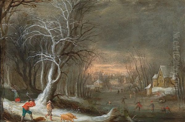 A Winter Landscape With Woodcutters Oil Painting by Frans de Momper