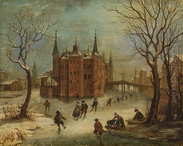 Iced River Landscape With Water Castle Oil Painting by Frans de Momper