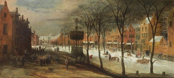 A Winter Street Scene With Figures Warming Themselves Around A Fire And Swineherds With Their Livestock Oil Painting by Frans de Momper