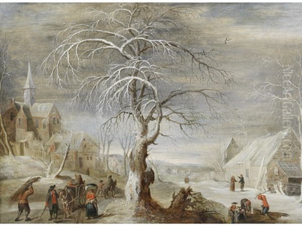 A Winter Landscape With Travellers On A Track, A Village And Woodcutters Beyond Oil Painting by Frans de Momper