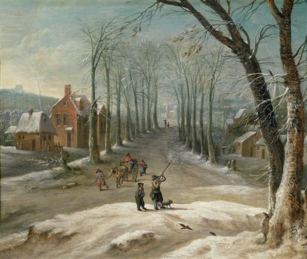 Winterlandschaft Mit Mannern Bei Der Vogeljagd Und Marktkaufern Oil Painting by Frans de Momper