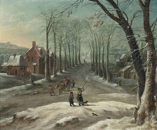 A Winter Village Landscape With Huntsman And Travellers On A Track Oil Painting by Frans de Momper